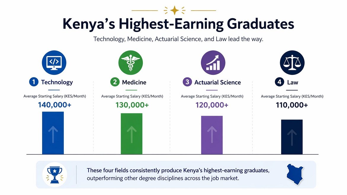 Modern infographic with light background highlighting Kenya’s highest-earning graduates, featuring four leading fields: technology, medicine, actuarial science, and law, with icons, ranked sections, and upward salary bars.