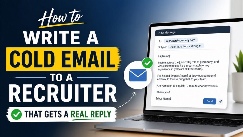 Featured image showing how to write a cold email to a recruiter that gets a real reply with email template on laptop screen.
