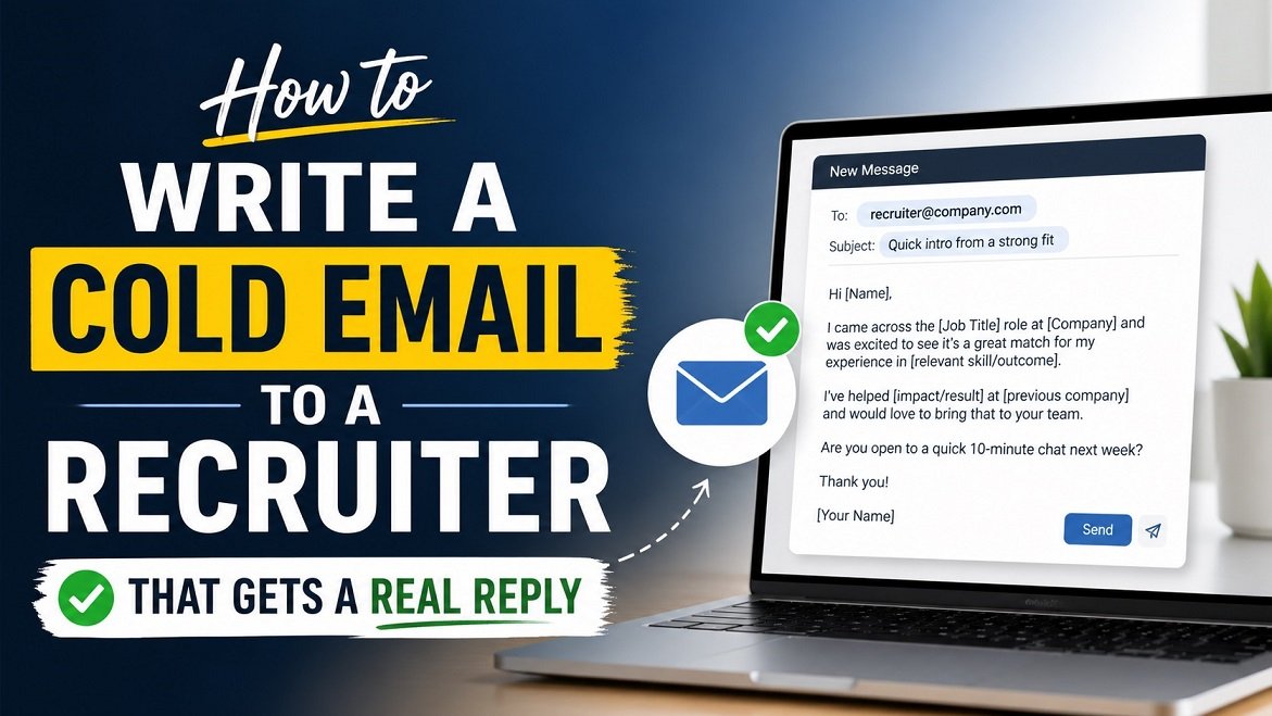 Featured image showing how to write a cold email to a recruiter that gets a real reply with email template on laptop screen.