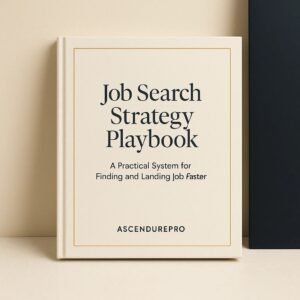 Premium cover mockup of the Job Search Strategy Playbook by AscendurePro with an elegant ivory, beige, gold, and charcoal design and the subtitle “A Practical System for Finding and Landing Jobs Faster.”