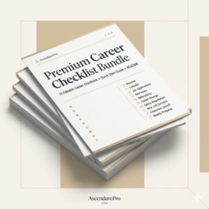 Premium mockup of the Premium Career Checklist Bundle by AscendurePro featuring elegant editable checklist documents in an ivory, beige, champagne gold, and charcoal design.