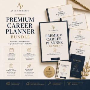 Premium mockup of the Premium Career Planner Bundle by AscendurePro featuring elegant editable planning tools in an ivory, beige, champagne gold, and charcoal editorial design.