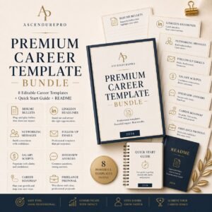 Premium mockup of the Premium Career Template Bundle by AscendurePro featuring elegant editable career communication templates in an ivory, beige, champagne gold, and charcoal editorial design.