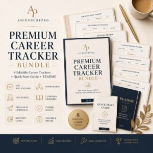 Premium mockup of the Premium Career Tracker Bundle by AscendurePro featuring elegant editable tracking tools in an ivory, beige, champagne gold, and charcoal editorial design.