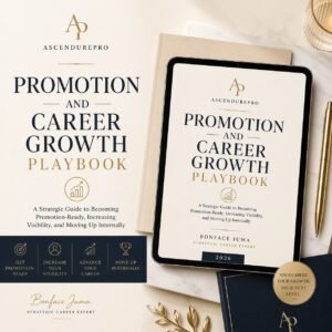 Premium mockup of the Promotion and Career Growth Playbook by AscendurePro with an elegant ivory, beige, champagne gold, and charcoal editorial design.