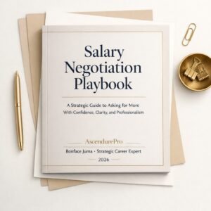 Premium mockup of the Salary Negotiation Playbook by AscendurePro with an elegant ivory, beige, champagne gold, and charcoal editorial design.
