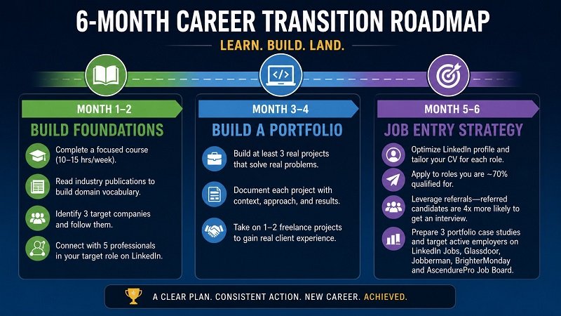 best career transitions roadmap infographic showing 6 month plan from learning to job entry strategy