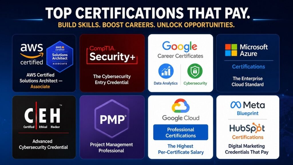 Featured image with logos of top tech certifications in Africa including AWS, CompTIA Security Plus, Google, Azure, PMP, and CEH