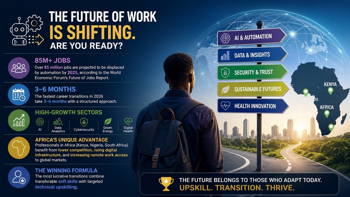 infographic showing automation job loss statistics, high growth sectors AI data cybersecurity and career opportunities in Africa