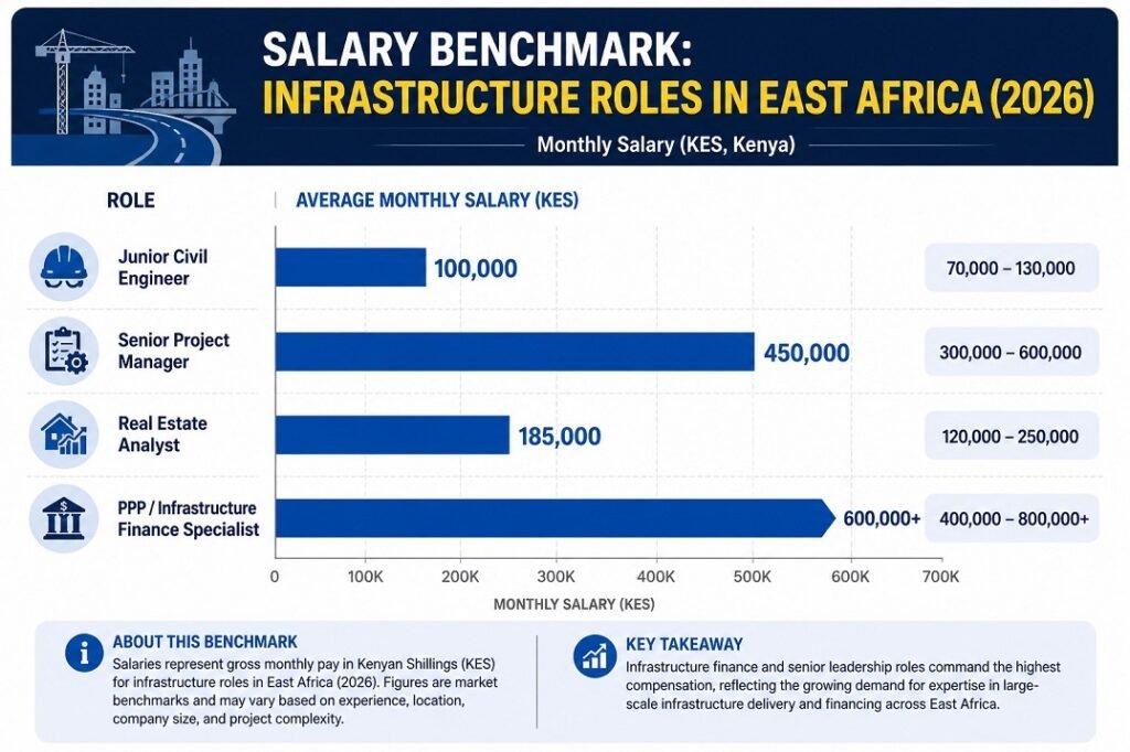 Bar chart showing 2026 infrastructure salary ranges in East Africa, featuring roles like junior civil engineer, project manager, real estate analyst, and PPP finance specialist in East Africa's high-growth industries