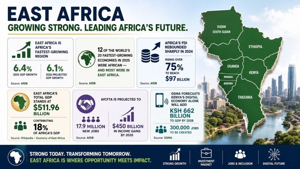 Infographic of high-growth industries in Africa showing East Africa GDP growth, $97B FDI, AfCFTA job creation, and Kenya digital economy expansion.