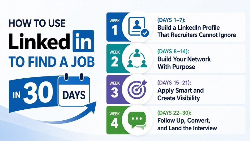 Infographic showing a 4-week plan on How to Use LinkedIn to Find a Job in 30 Days, including profile optimization, networking, job applications, and follow-up strategies.