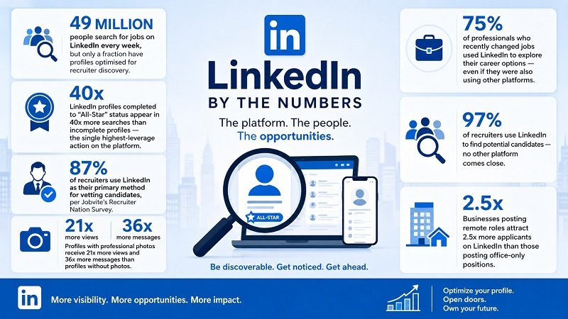 LinkedIn statistics infographic with recruiter usage, profile optimization benefits, and job search insights