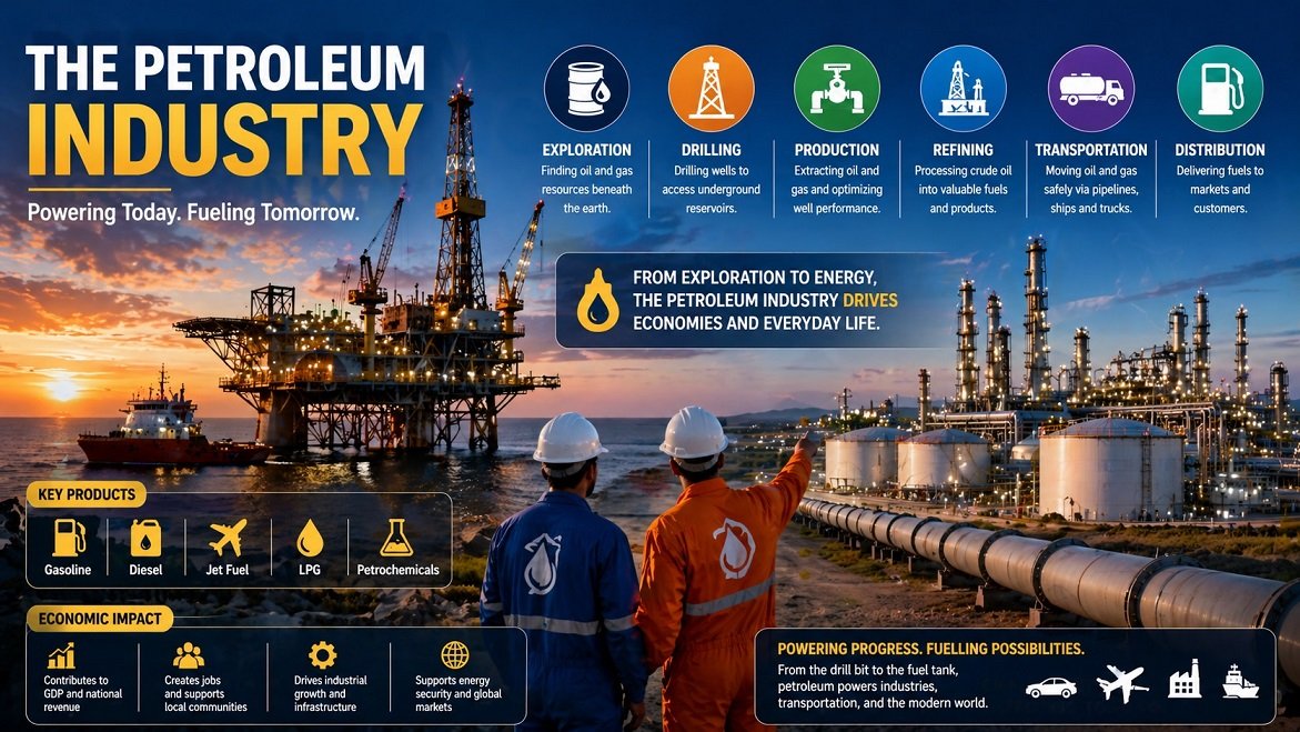 Petroleum engineering degree in Kenya related industry showing oil rigs pipelines and refining operations
