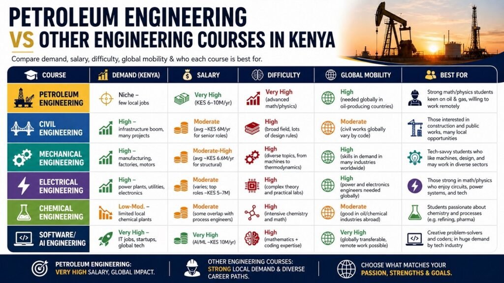 Comparison chart of engineering courses in Kenya showing demand salary difficulty and global mobility