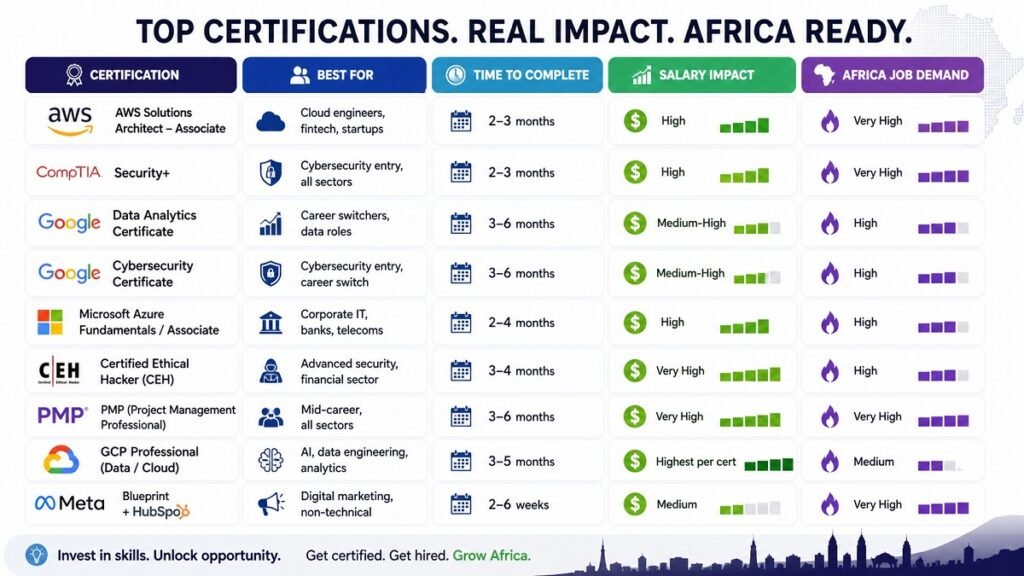 Table infographic comparing tech certifications in Africa including AWS, PMP, CEH, Google and Azure certifications