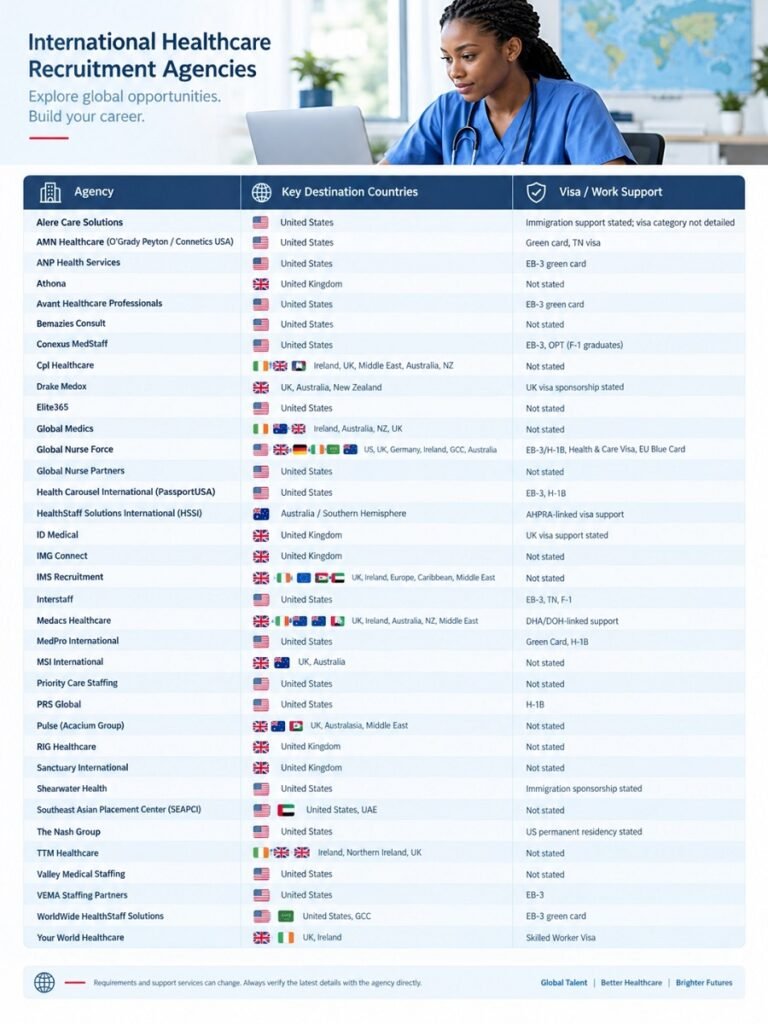 Infographic comparing international healthcare recruitment agencies, key destination countries, and visa or work support.