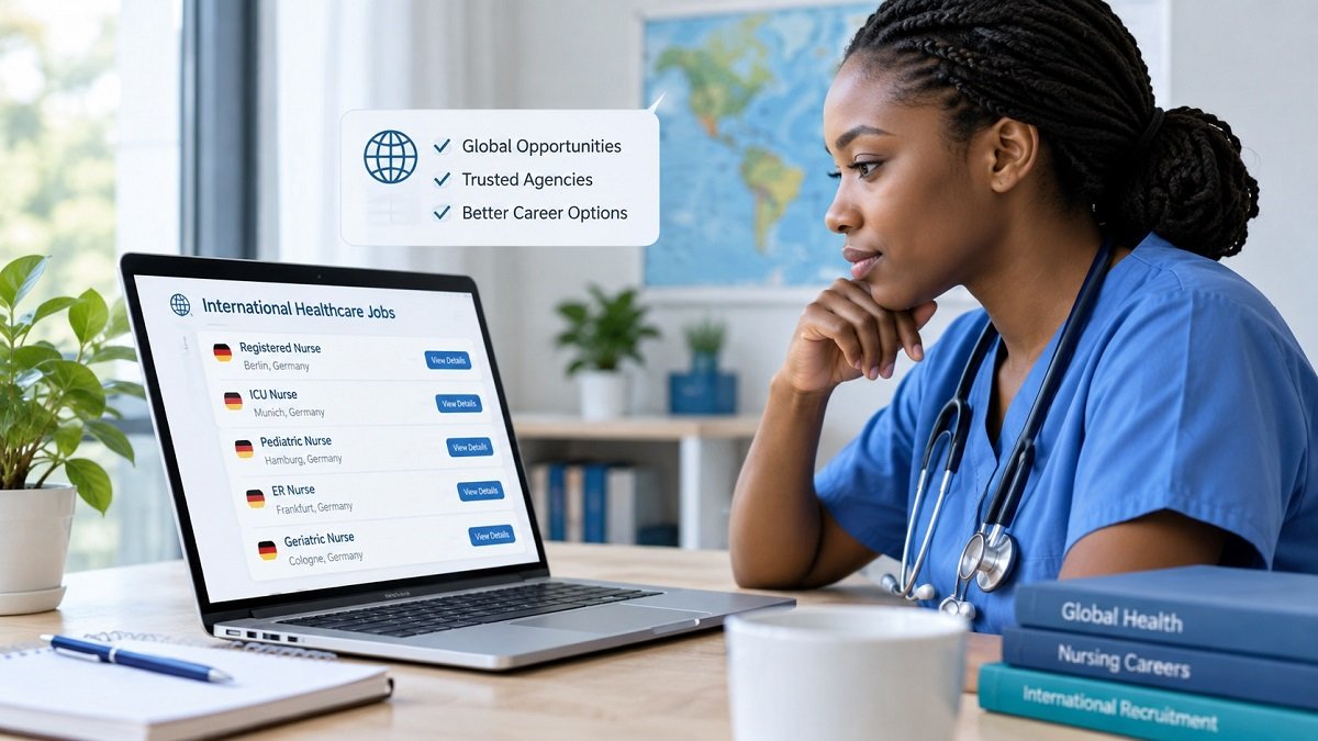 Nurse reviewing international healthcare job offers from recruitment agencies on a laptop.