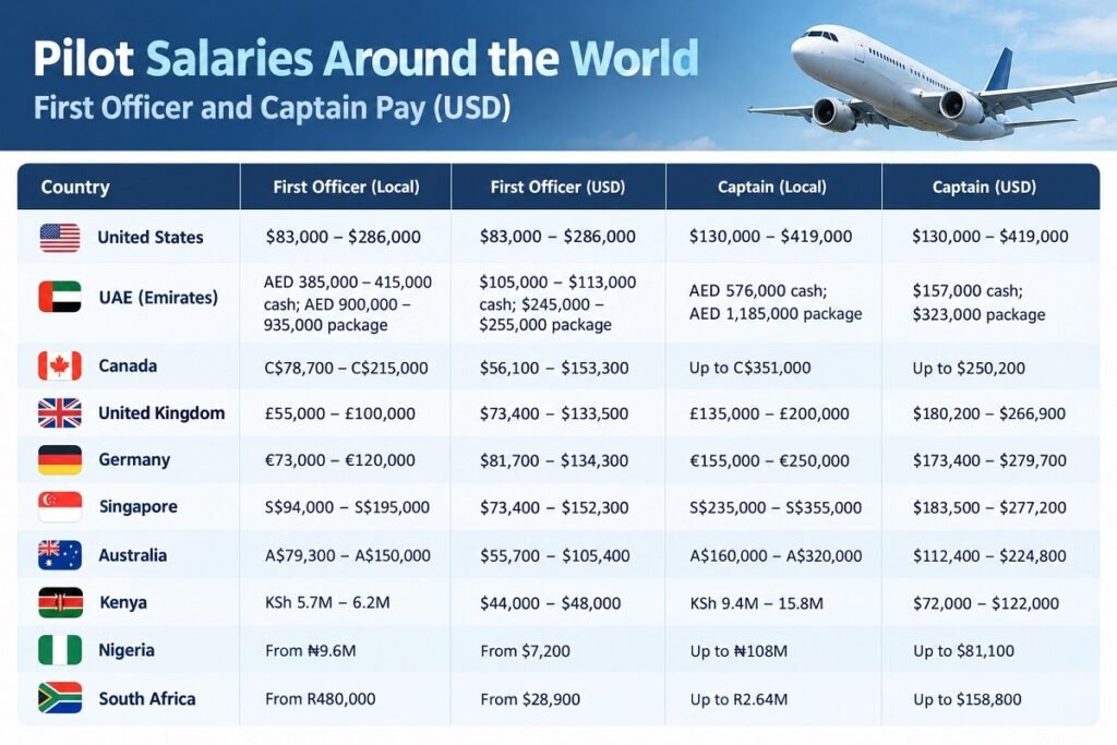 commercial pilot salary in the United States compared to other countries