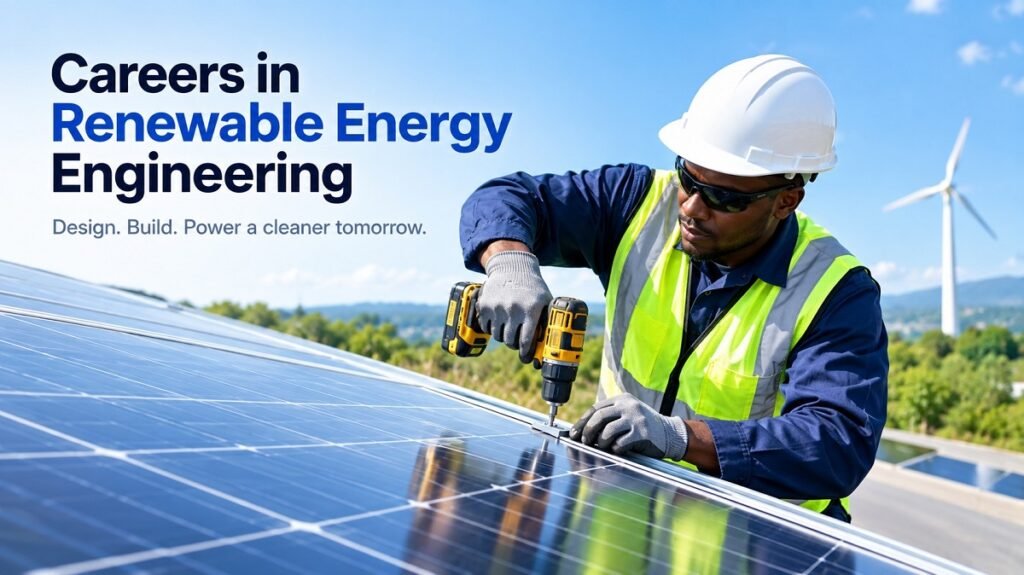 Renewable energy engineer wearing safety gear and using a power drill to fix a solar panel at an outdoor solar installation, with a wind turbine in the background.